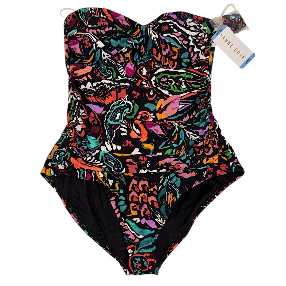 Anne Cole Paisley Strapless One Piece Swimsuit L UPF 50 Bandeau Slimming NWT